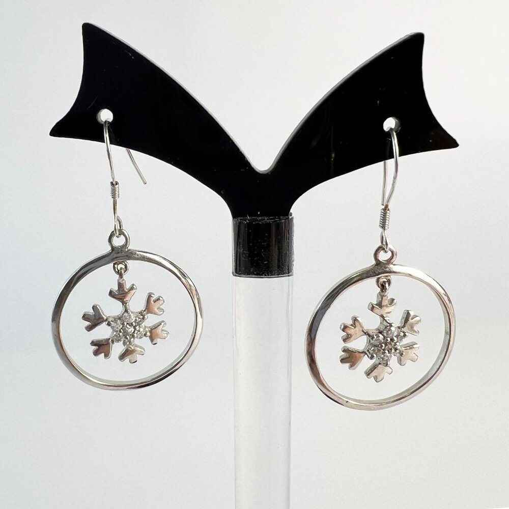 Sterling Silver Disc with Crystal Snowflakes Dangling Christmas Winter Earrings